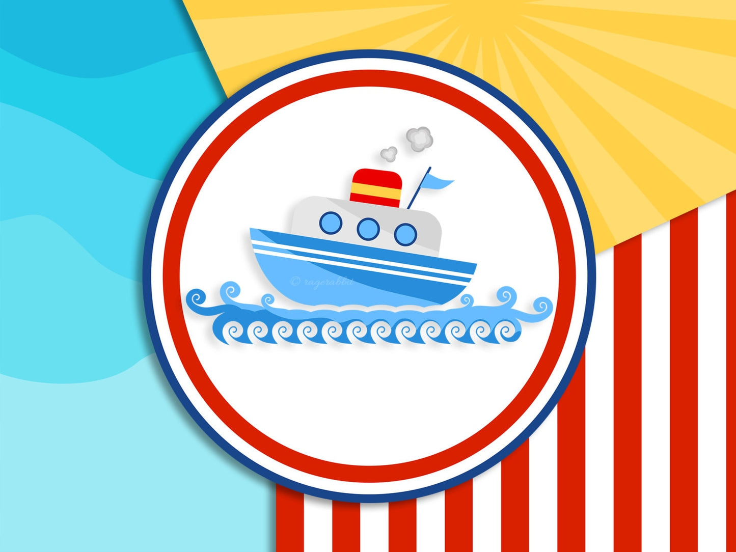 Cartoon Ship with Marine Digital Paper Set, Baby. Babyshower, Scrapbook, Clip Art, Illustration, Backgrounds, Stripes, Polka Dots, Sun