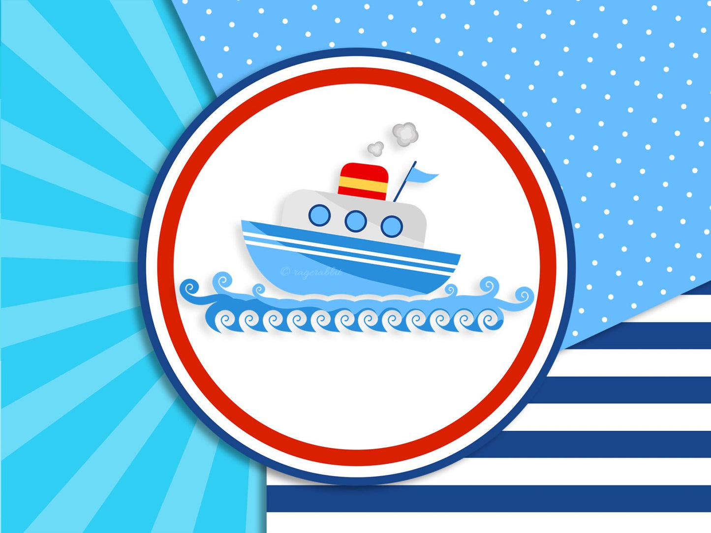 Cartoon Ship with Marine Digital Paper Set, Baby. Babyshower, Scrapbook, Clip Art, Illustration, Backgrounds, Stripes, Polka Dots, Sun