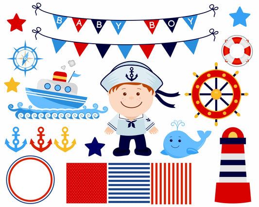 Marine Boy Vector Set, Illustrations, Scrapbook, Digital Paper Set, Baby Shower Decoration, Nautical